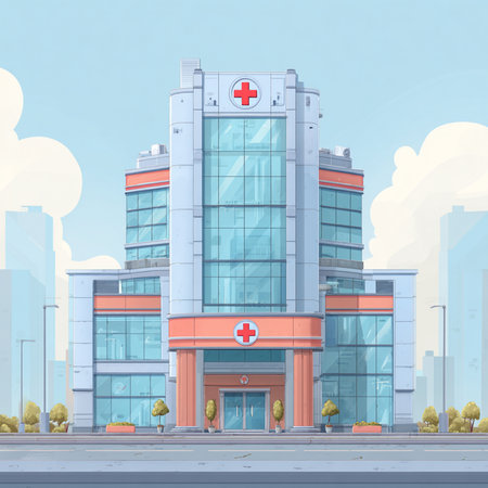 Modern hospital building with medical cross on the facade. Vector illustration.の素材