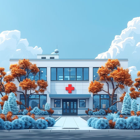 Hospital building on the background of autumn trees. 3d renderingの素材