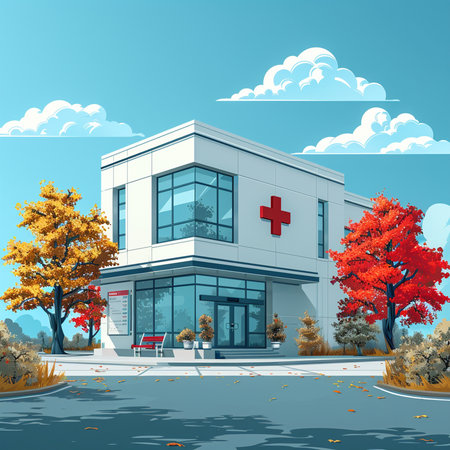 Modern hospital building with medical cross in autumn landscape. Vector illustration.の素材