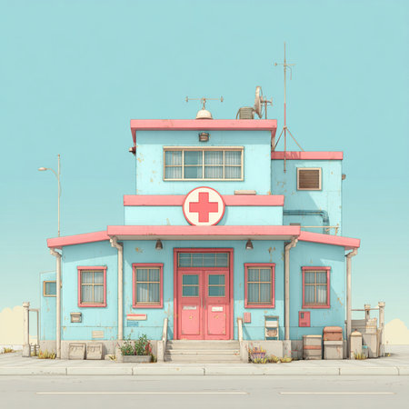 Vector illustration of a hospital building with a cross on the roof.の素材