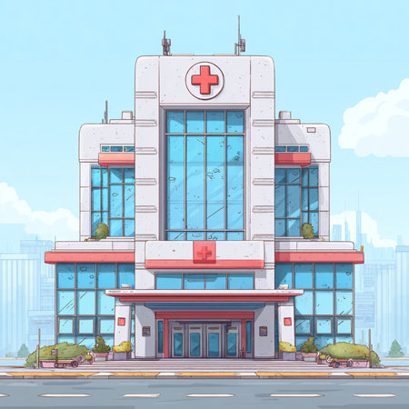 Cartoon hospital building on the street. Vector illustration in flat styleの素材
