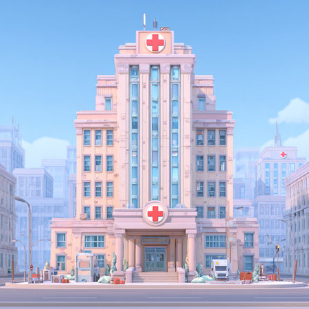 3d render of hospital building with medical cross on the street.の素材
