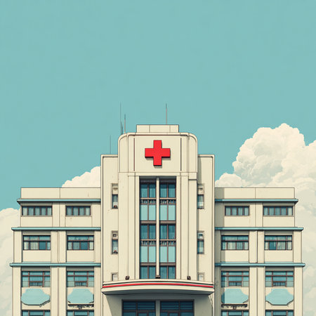 Hospital building with red cross on blue sky background in retro styleの素材