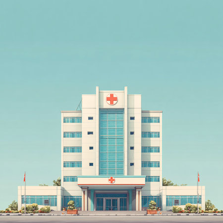 Modern hospital building with blue sky background. 3d render illustration.の素材