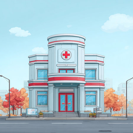 Vector illustration of hospital building on the street. Medical center, medical center, clinic, hospital.の素材