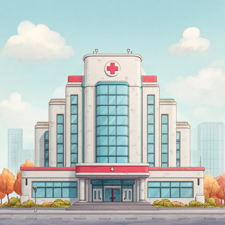 Modern hospital building in the city. Vector illustration of a hospital building.の素材