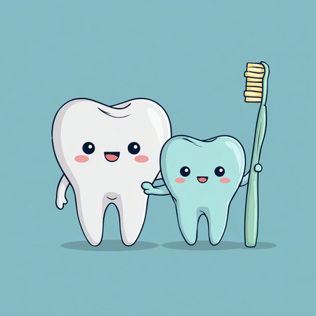 cute cartoon tooth with toothbrush on blue background, dental care conceptの素材