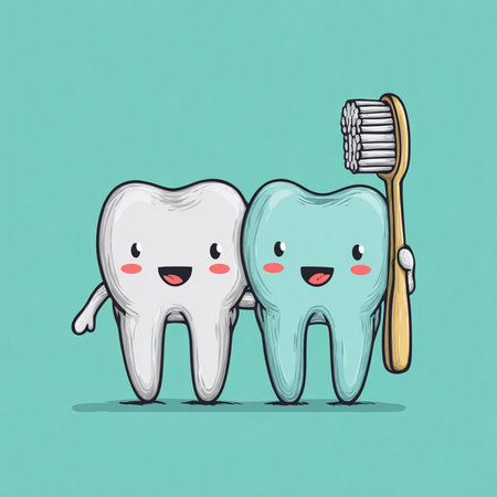 Cute cartoon tooth character with toothbrush vector illustration. Dental care concept.の素材