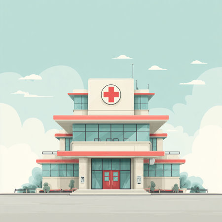 Modern hospital building on the street. Vector illustration in flat style.の素材