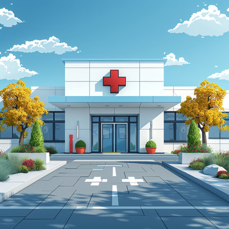 Vector illustration of a hospital building with a cross on the roof.の素材