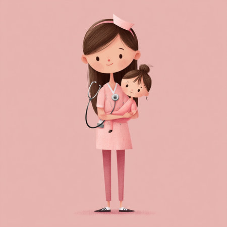 Doctor with stethoscope and a little girl on pink background.の素材