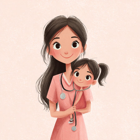 Mother and daughter with a stethoscope in her hand. Conceptual illustration.の素材