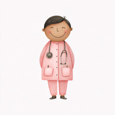 cute cartoon doctor with stethoscope and pink coat isolated on white backgroundの素材