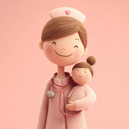 Nurse with a little girl and a stethoscope on a pink backgroundの素材