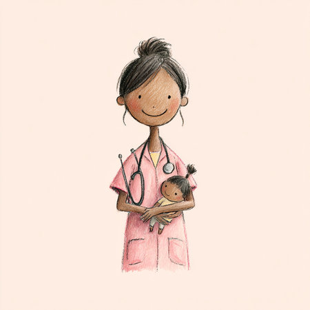 Illustration of a doctor holding a newborn baby in her arms.の素材