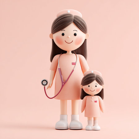 3d rendering of a mother and her daughter with stethoscopeの素材