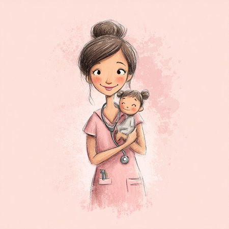 Female pediatrician with a little girl in her arms. Vector illustration.の素材