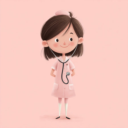 Cute little girl with stethoscope on pink background, 3d renderingの素材