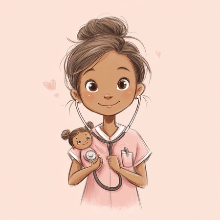 Illustration of a Little Girl Holding a Stethoscope and a Motherの素材