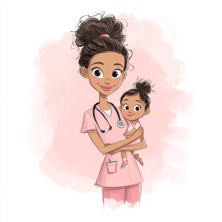 Cute african american nurse with baby. Vector illustration.の素材