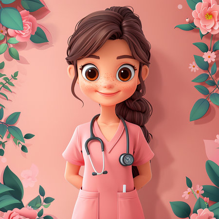 Cute cartoon girl doctor with stethoscope and flowers background.の素材