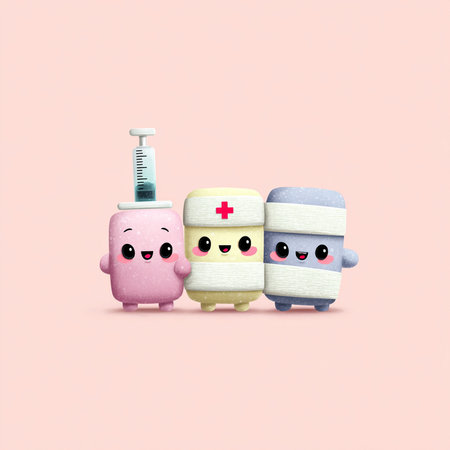 Cute cartoon travel bags with medical equipment isolated on pink background.の素材