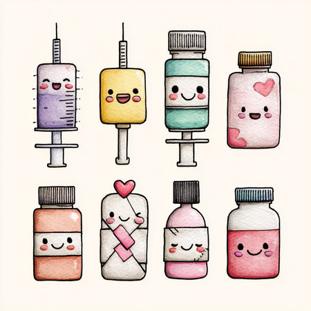 Illustration of a set of hand drawn medical bottles with smiley facesの素材