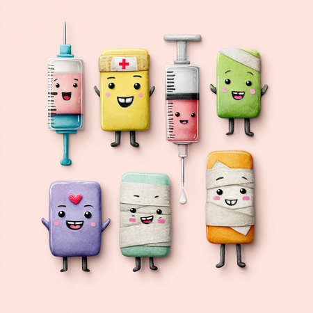 Cute cartoon syringes with funny faces on pink background.の素材