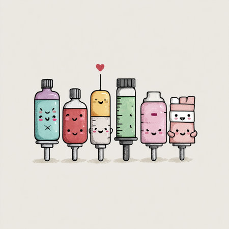 cute cartoon syringes with different expressions, vector illustration.の素材