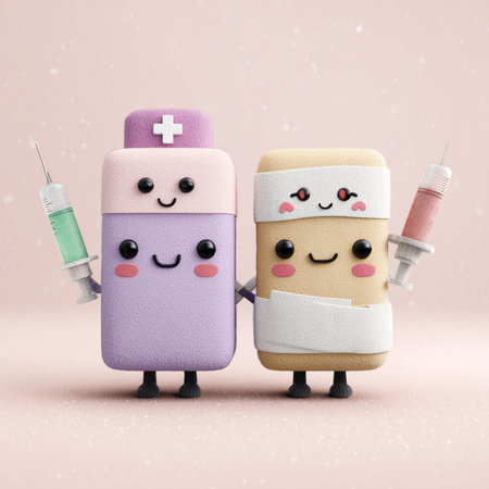 Conceptual image of two cartoon characters as nurse, doctor and patient.の素材
