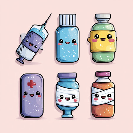 Cute cartoon medicine bottle characters set. Vector illustration in a flat styleの素材