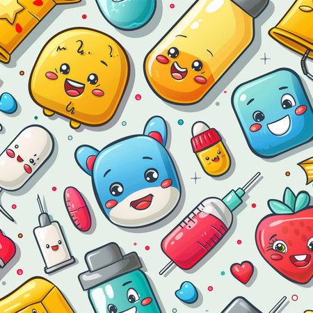 Seamless pattern with cute cartoon pill and syringe. Vector illustration.の素材