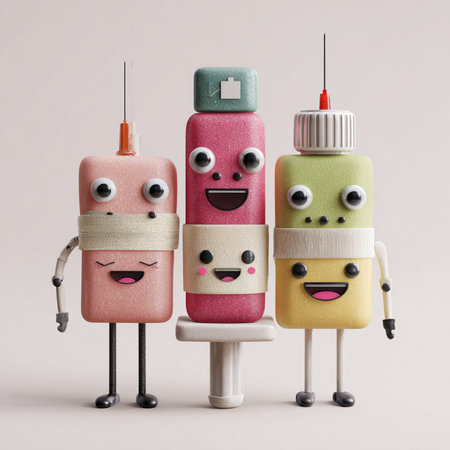 3d rendering of a group of smiling medical ampoules.の素材