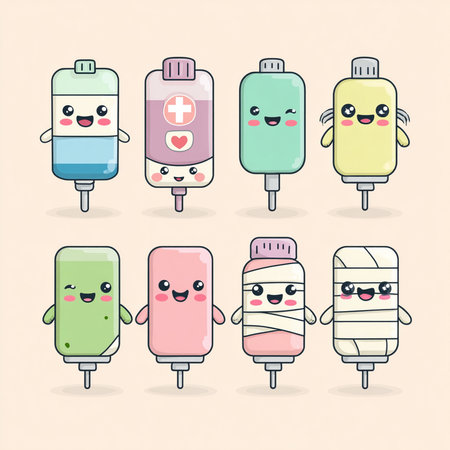 Cute kawaii medical drip cartoon character. Vector illustration.の素材