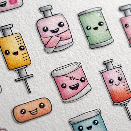 Seamless pattern with funny cartoon syringes. Hand drawn illustration.の素材