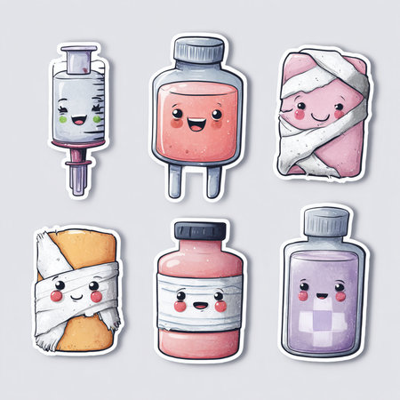 Set of cute hand drawn cartoon pills and capsules. Vector illustration.の素材