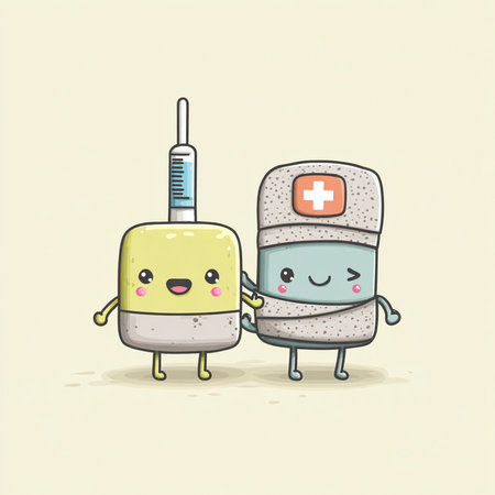 Cute cartoon pill and syringe. Vector illustration. Medical conceptの素材