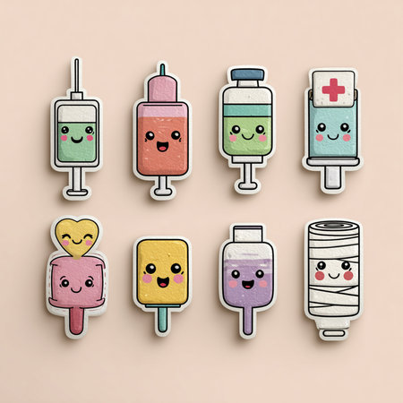 Kawaii funny syringes with different expressions, vector illustrationの素材