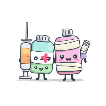 Cute medicine bottle cartoon character with syringe. Vector illustration.の素材