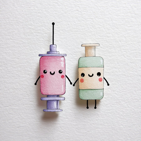 syringe and vaccine on white paper background,cute kawaii charactersの素材