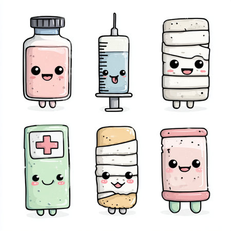 Cute cartoon medical syringes and pills. Vector illustration.の素材