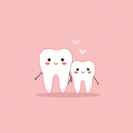 Cute cartoon tooth characters isolated on pink background. Vector illustration.の素材