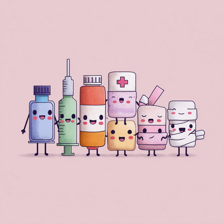 Cute cartoon medicine pills and syringes. Vector illustration.の素材