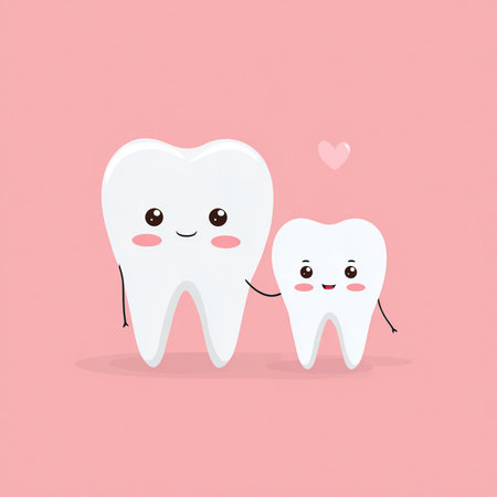 Cute cartoon tooth character with love heart. Vector flat illustration.の素材