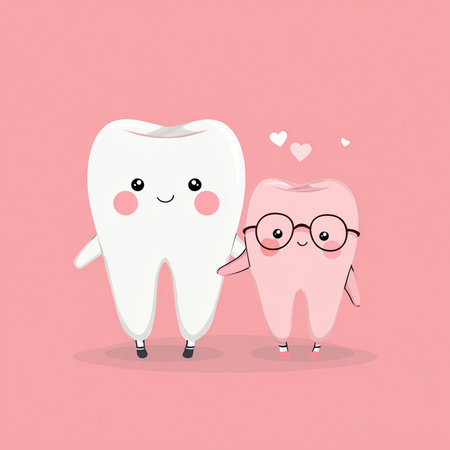 Cute cartoon tooth character with glasses and heart. Vector illustration.の素材