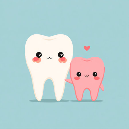Cute cartoon tooth character with love heart on blue background. Vector illustrationの素材