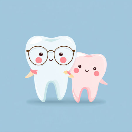 Cute cartoon tooth character with glasses and smile. Vector illustration.の素材