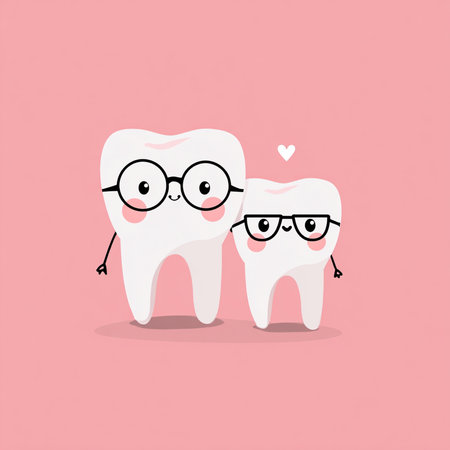 Tooth character with glasses and heart on pink background. Vector illustration.の素材