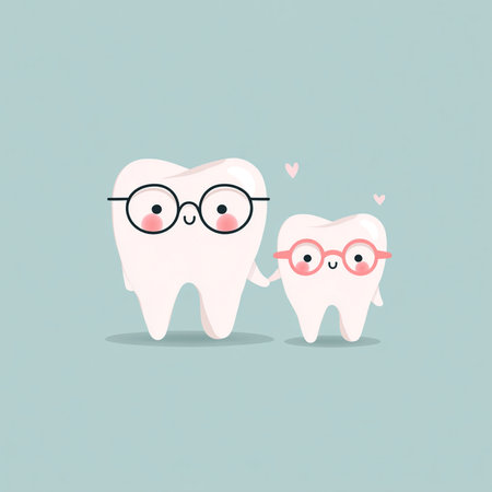 Tooth character in love with glasses. Cute cartoon vector illustration.の素材