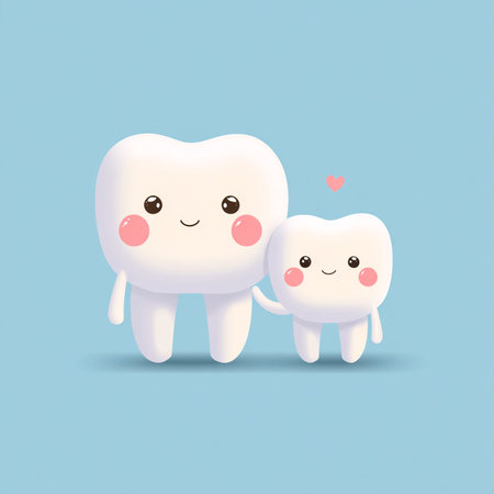 Cute cartoon tooth character with love. Vector illustration on blue background.の素材